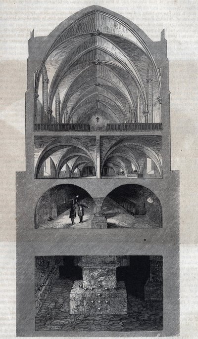 Secção transversal da escola secundária de Napoleão em Paris (hoje, Lycee Henri IV). De cima para baixo: o refeitório, a cozinha, as adegas, as catacumbas. Gravura de Therond. Em "Le Magasin Picturesque" (Le Magasin Picturesque) de Emile Theodore Therond