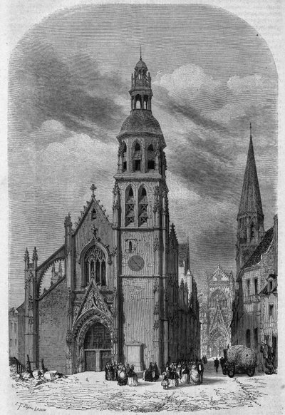 Vista exterior da igreja de São Martinho (séculos XV-XVI) de Vendome, Loir e Cher (41), antes da sua demolição em 1857. Gravura de Therond em "Le Magasin Picturesque". de Emile Theodore Therond