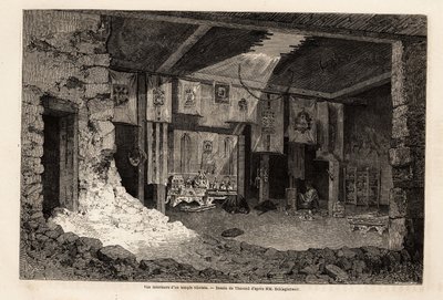 Vista interna de um templo tibetano, desenho de Therond, para ilustrar a recapitiva do ano geográfico de 1862, de Vivien de Saint Martin. Gravura em "Le tour du monde", editado por Edouard Charton de Emile Theodore Therond