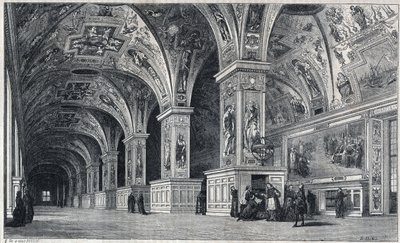 Vista interna da biblioteca do Vaticano no século XVIII. Gravura de Therond a partir de um desenho de François Pannini. de Emile Theodore Therond