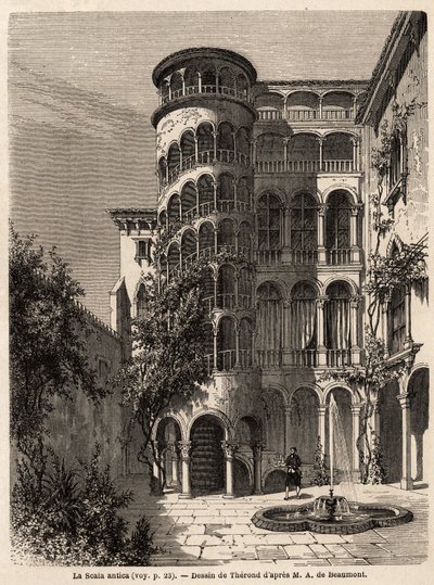 La Scala Antica, desenho de Therond, para ilustrar a viagem de Adalbert de Beaumont a Veneza, por volta de 1850. Gravura em "Le tour du monde", editado por Edouard Charton de Emile Theodore Therond