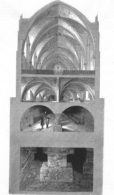 Vista da secção da cozinha, caves e catacumbas da escola secundária de Napoleão em Paris (gravura) de Emile Theodore Therond