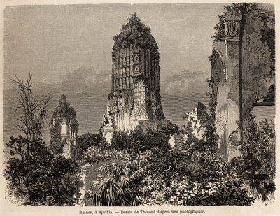 As ruínas tomadas na vegetação da selva, em Ajuthia (Tailândia), desenhadas por Therond, para ilustrar a viagem através dos reinos do Sião, Camboja e Laos, de 1858 a 1861, por Henri Mouhot. Gravura em "Le tour du monde", editado por Edouard de Emile Theodore Therond