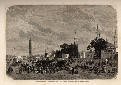 A praça de Ett Meydan, Constantinopla (atual Istambul, Turquia), desenhada por Therond, para ilustrar o estudo sobre as mulheres turcas, de 1862, de F. Jerusalemy. Gravura em "Le tour du monde", editado por Edouard Charton de Emile Theodore Therond