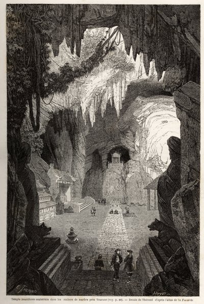 Templo Budista Subterrâneo em rochas de mármore perto de Tourane, desenho de Therond, para ilustrar as notas de uma correspondência única com Cochinchine. Gravura em "Le tour du monde, nouveau journal des voyages" Paris de Emile Theodore Therond