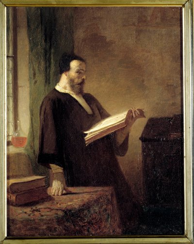 Um bibliófilo Um homem que lê um livro. Pintura de Emile Vaude (1819-1884) Museu de Belas Artes de Troyes do século XIX de Emile Vaude