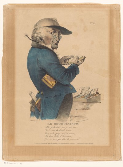 O homem olha para um livro em frente de uma banca de livros
Le bouquiniste (título sobre o objecto) de Émile Wattier