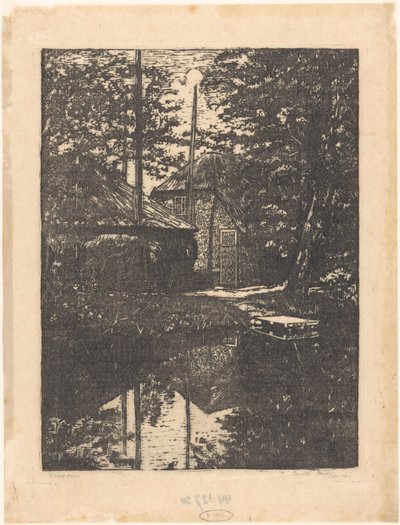 Fazenda e celeiro de feno na água de Emilius Wilhelmus Dehé (signed by artist)