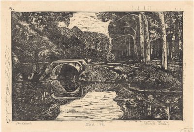 Ponte sobre um fosso numa floresta de Emilius Wilhelmus Dehé (signed by artist)