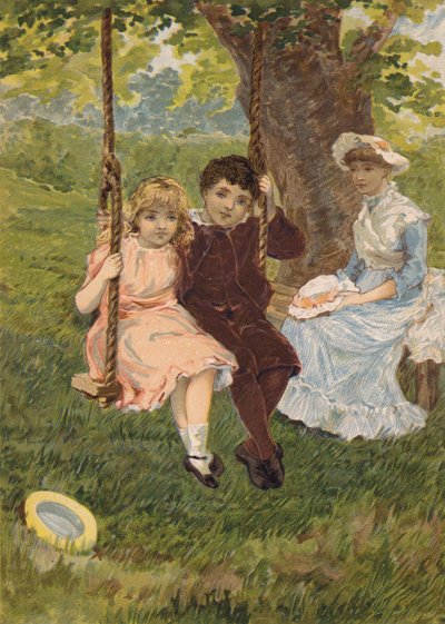 Rapaz e rapariga sentados num baloiço (cromolitho) de Emily Jane Harding Andrews