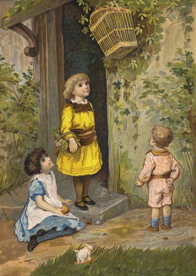 Crianças a admirar um cesto suspenso (cromolitho) de Emily Jane Harding Andrews