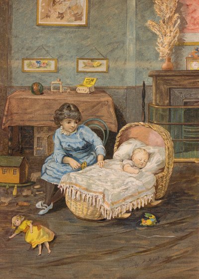 Rapariga a olhar para um bebé num berço (cromolitografia) de Emily Jane Harding Andrews
