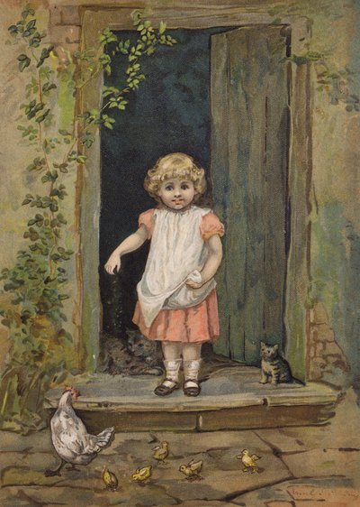 Menina a dar de comer às galinhas à porta de casa (cromolitho) de Emily Jane Harding Andrews
