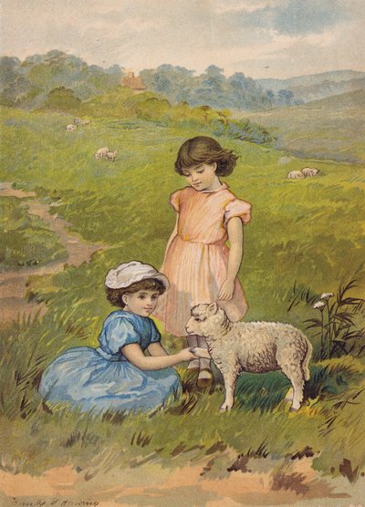 Duas raparigas a acariciar um cordeiro (cromolitografia) de Emily Jane Harding Andrews