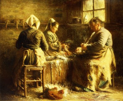 Defeathering Chickens - Late Morning Summer in Brittany; Depenador de frango - Apres Midi d&39;Ete Bretagne (óleo sobre tela) de Emma Herland