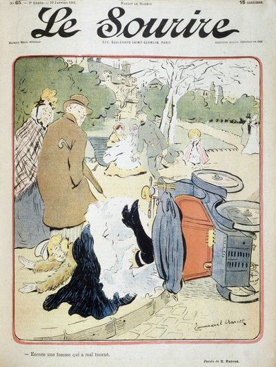 Acidente de carro: "Outra mulher que corre mal." Ilustração de Emmanuel Barcet (1870-1940) - em "Le Smile" de 19/01/1901 de Emmanuel Barcet