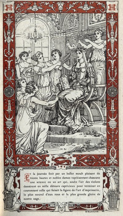 Ballet no castelo de Fontainebleau durante o qual as damas da Corte do Rei Henrique II (1519 - 1559) representam cada uma uma uma ciência ou arte. Gravura de 1914 por Emmanuel Blanche (1880-1946).DR Colecção privada. de Emmanuel Blanche