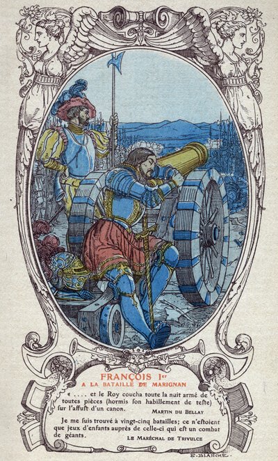O Rei da França François I (1494-1547) na Batalha de Marignan em 13 e 14 de setembro de 1515. Gravura de 1914 de Emmanuel Blanche (1880-1946). DR Coleção particular. de Emmanuel Blanche