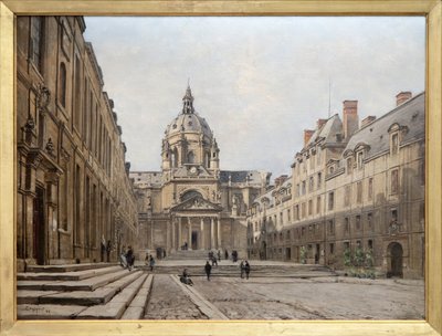Vista do pátio da antiga Sorbonne em 1886, o antigo conjunto da Sorbonne construído no século XVII a pedido de Richelieu foi destruído para ser reconstruído e ampliado entre 1885 e 1901. Os edifícios inspirados no estilo Luís XIII foram concebidos de Emmanuel Lansyer