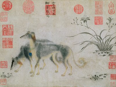 Dois Saluki Hounds, 1427 (tinta no papel) de Emperor Hsuan tsung