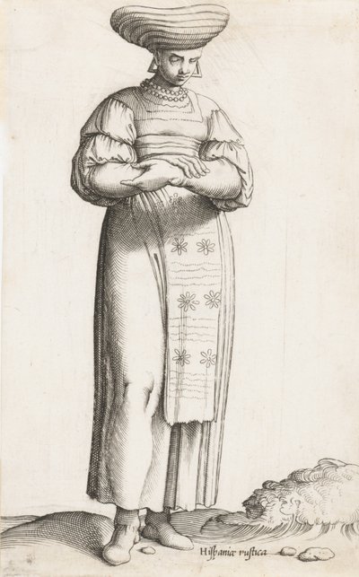 Prato do Traje: Hispania Rustica mul. com etiqueta no chão, ca. 1557-58. de Enea Vico