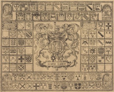 Brasões de armas com retratos de canto de Henrique VII, Henrique VIII, Eduardo VI e Maria de English 16th Century
