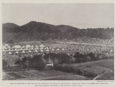 Acampamento em Wellington, Nova Zelândia, Contingente para o Serviço na África do Sul, Tropas e Corpo Voluntário Visitante, preparadas para o Serviço Divino, conduzidas pelo Capelão, Bispo Wallis de English Photographer