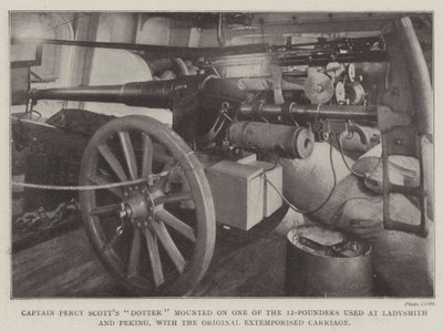 Capitão Percy Scotts Dotter montado em um dos 12-Pounders usados em Ladysmith e Pequim, com o carro original extemporizado de English Photographer