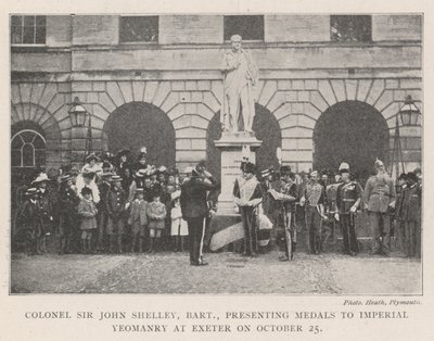 Coronel Sir John Shelley, Baronet, apresentando as medalhas à Imperial Yeomanry em Exeter em 25 de outubro de English Photographer