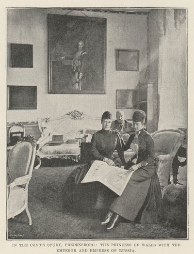 No Estudo dos Czares, Fredensborg, a princesa de Gales com o Imperador e a Imperatriz da Rússia de English Photographer