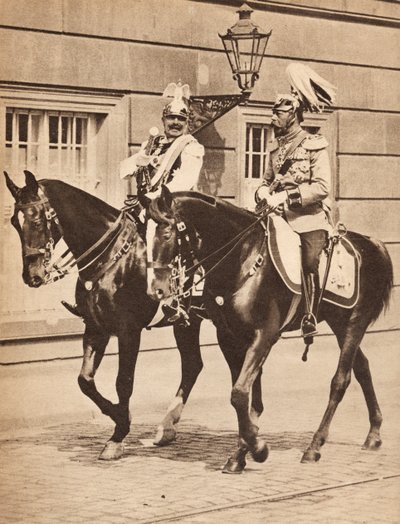 Rei George V e Kaiser Wilhelm II saem de Potsdam para participar de uma revisão das tropas em 1913, ilustração de "A Vida do Rei George V", publicada em 1935 de English Photographer