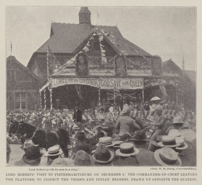 Lord Roberts Visita a Pietermaritzburg em 4 de dezembro, o comandante-em-chefe deixando a plataforma para inspecionar as tropas e os portadores indianos, elaborado em frente à estação de English Photographer