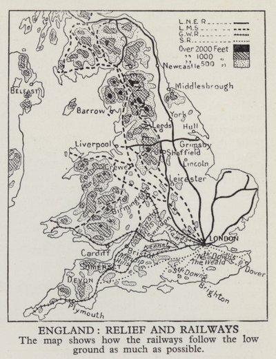 Mapa mostrando como as ferrovias na Inglaterra seguem o terreno baixo tanto quanto possível (foto a p/b) de English Photographer