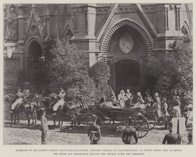 Casamento da Bisneta Mais Velha do Queens, Princesa Feodora de Saxe-Meiningen, ao Príncipe Henrique XXX de Reuss, a Noiva e o Noivo saindo da Igreja após a Cerimônia de English Photographer