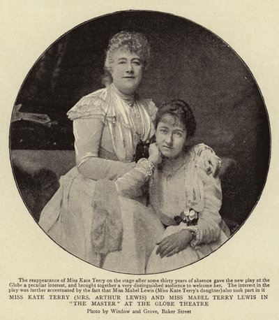 Miss Kate Terry (Sra. Arthur Lewis) e Miss Mabel Terry Lewis em O Mestre no Teatro Globe de English Photographer