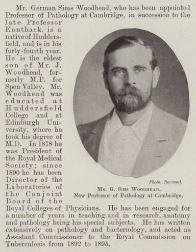 Sr. G Sims Woodhead, novo professor de patologia em Cambridge de English Photographer
