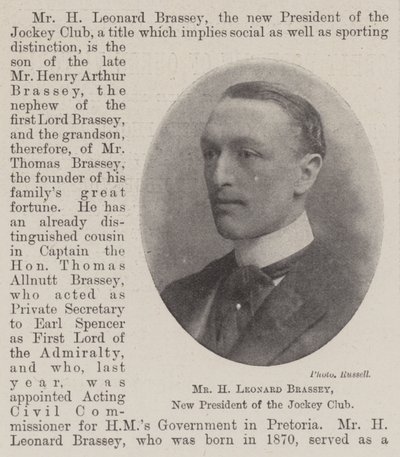Sr. H Leonard Brassey, novo presidente do Jockey Club de English Photographer