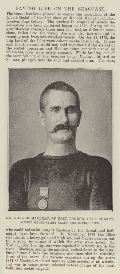 Sr. Ronald Maclean, de East London, Cape Colony, Medalha Albert (Primeira Classe) por salvar a vida de English Photographer