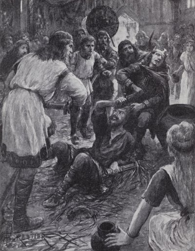 Assassinato do rei Edmundo I enquanto assistia à missa do dia de Santo Agostinho em Pucklechurch, Gloucestershire, 946 (litho) de English Photographer