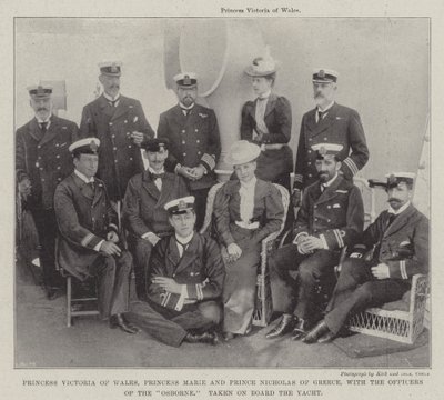 Princesa Victoria de Gales, Princesa Marie e Príncipe Nicolau da Grécia, com os Oficiais dos Osborne, levados a bordo do iate de English Photographer
