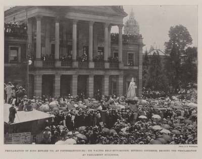 Proclamação do rei Eduardo VII em Pietermaritzburg, Sir Walter Hely-Hutchinson, governador aposentado, lendo a proclamação nos edifícios do Parlamento de English Photographer