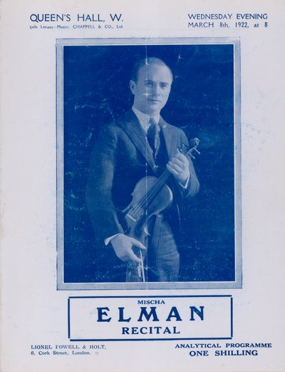 Programa para Recital de Mischa Elman, Queens Hall, em 8 de março de 1922 de English Photographer