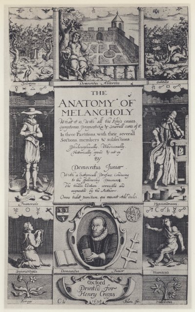 R Burton, The Anatomy of Melancholy, Terceira edição, J Lichfield for H Cripps, Oxford 1628 (foto a p/b) de English Photographer