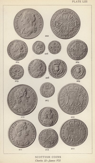 Moedas escocesas, Charles II, James VII (foto a p/b) de English Photographer