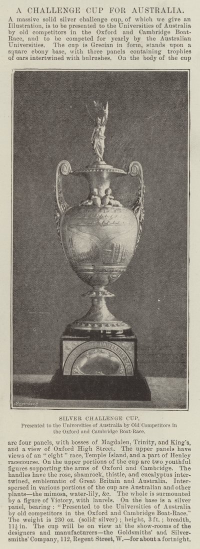 Silver Challenge Cup, apresentado às Universidades da Austrália por Concorrentes Antigos na Corrida de Barcos de Oxford e Cambridge de English Photographer