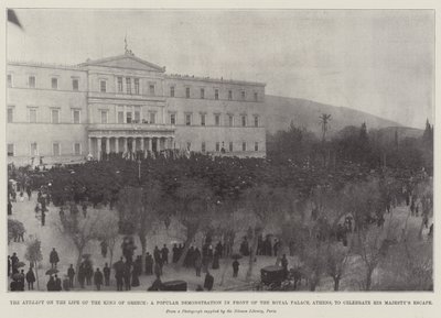A tentativa da vida do rei da Grécia, uma demonstração popular em frente ao Palácio Real, em Atenas, para celebrar sua fuga de majestades de English Photographer