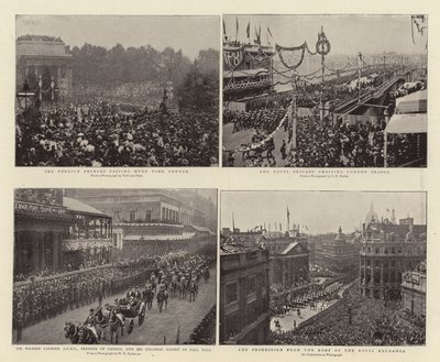 Os Príncipes Estrangeiros passando pelo Hyde Park Corner, Sir Wilfrid Laurier, GCMG, Premier do Canadá, e Colonial Escort em Pall Mall, a Brigada Naval cruzando a Ponte de Londres, a Procissão do Telhado do de English Photographer