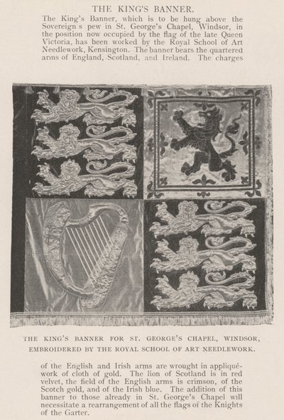 A bandeira dos reis para a capela de St Georges, Windsor, bordada pela escola real da arte Needlework de English Photographer