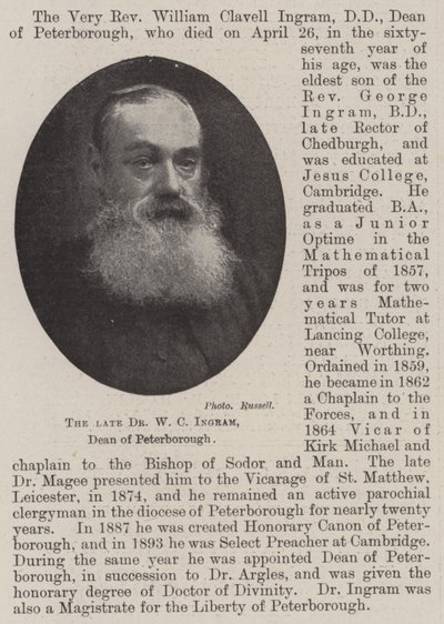 O falecido Dr. WC Ingram, decano de Peterborough de English Photographer