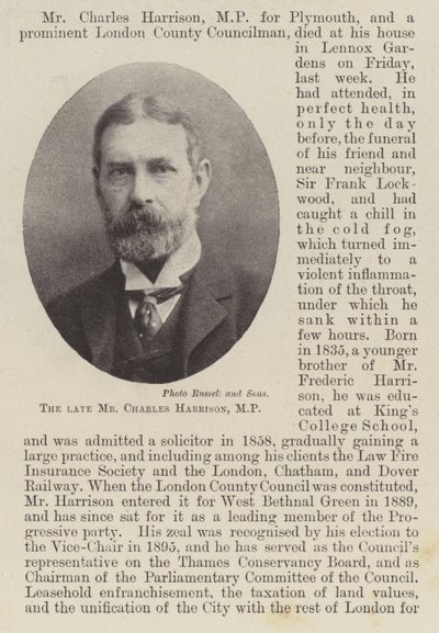 O falecido Sr. Charles Harrison, MP de English Photographer